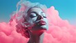 © A.M - A Surreal and Whimsical Portrait of a Woman with White Hair and Closed Eyes in the Clouds. A Woman with White Hair Blends into the Pink Clouds. Generative AI