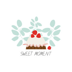 Wall Mural - Vector print with foliage and strawberry cheesecake. Wish card sweet moment. 