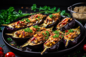 Wall Mural - Stuffed eggplants eggplants with filling on a dark plate