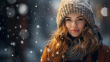 Portrait of young beautiful woman in winter clothes and strong snowing