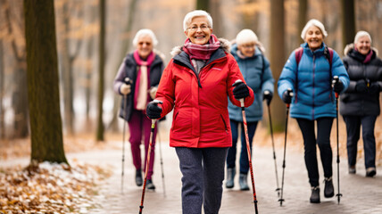 Older people doing Nordic walking exercises. Made with AI generation