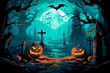 A graveyard with pumpkins and bats in front of a full moon. Halloween. Generative AI