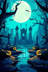 Wall Mural - A graveyard with pumpkins and bats in front of a full moon. Halloween. Generative AI