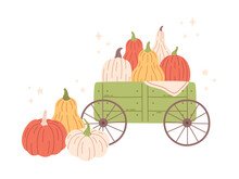 Pumpkins Of Different Colors And Shapes In Wheelbarrow. Hello Autumn, Autumn Harvest, Autumn Design Elements. Vector Illustration In Flat Style