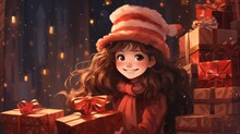 Happy Little Cute Child Girl In Red Clothes With Christmas Gift, Cartoon Illustration Style, AI Generated
