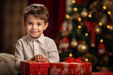 Wall Mural - Happy little cute child boy with Christmas gift, AI generated