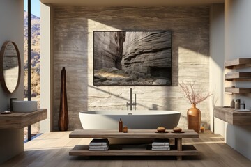 Wall Mural - cozy bathroom with light natural materials with modern art on the walls