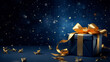 © Shootdiem - Dark blue gift box with elegant gold ribbon on dark background. Greeting gift with copy space for Christmas present, holiday or birthday