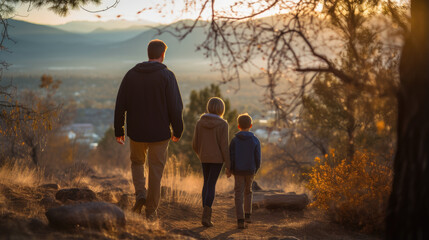 Poster - Family with kids hiking in the mountains in autumn.