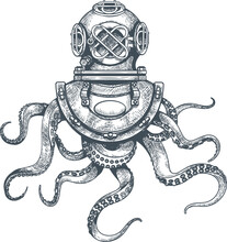 Octopus In Diving Helmet Vintage Sketch