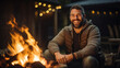 Portrait of a happy smiling man against the background of a bonfire