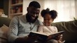 © pinkrabbit - Happy father relax and read book with baby time together at home. parent sit on sofa with daughter and reading a story. learn development, childcare, laughing, education, storytelling, practice.