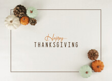 Happy Thanksgiving Greeting Background With Flat Lay Of Pumpkins In Frame With Modern Minimalism Style.