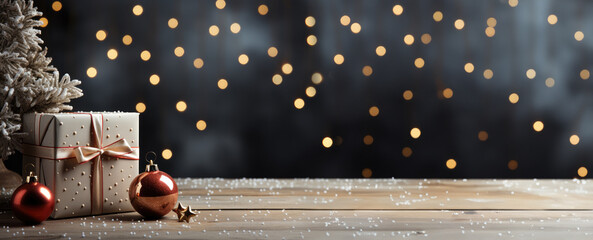 Wall Mural - Small Christmas presents on christmas lights bokeh background. Banner with copy space