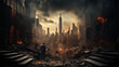 Man surveying the ruins of civilisation, burning destroyed city, post apocalypse
