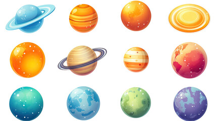 Collection set of fictional 3d cartoon planets isolated on transparent or white background