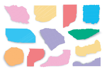 Fototapete - Torn papers mega set in 3d realistic design. Bundle elements of different types of bright colorful ripped notebook pages and strips with ragged edges. Vector illustration isolated graphic objects