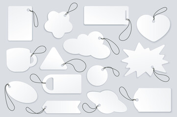 Aufkleber - White tags mega set in 3d realistic design. Bundle elements of sales labels for discounts and price offers in flower, heart, cup, rectangle, other shapes. Vector illustration isolated graphic objects