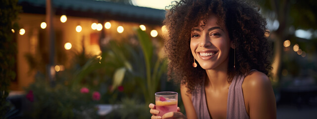 Canvas Print - Young girl with a glass of alcoholic beverage during an outdoor party