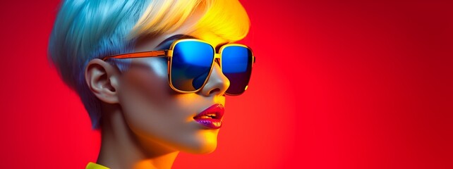 Wall Mural - Fashion young girl with short elf high colored hair and stylish sunglasses in red and blue neon light in the studio, concept of modern trendy hair style, hipster attitude, woman power, with copy space