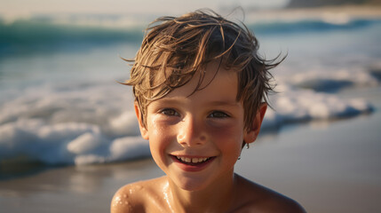 Sticker - Little boy smiling in the background of the beach