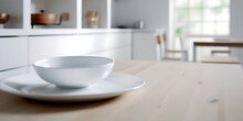Empty White Plates On Kitchen Table. Space For Product, Text, Advertising, Branding