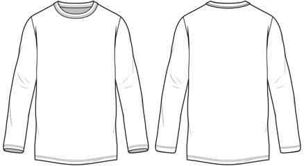 Wall Mural - Men's long sleeve Crew neck T Shirt flat sketch fashion illustration drawing template mock up with front and back view