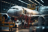 Fototapeta  - Aircraft in the airplane factory. Aircraft construction, manufacturing.