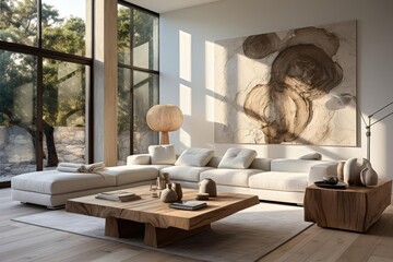 Wall Mural - modern luxury living room with light natural materials with modern art on the walls