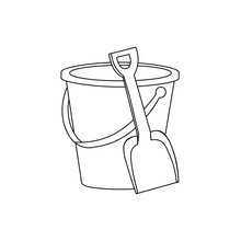 Beach Toys Bucket And Shovel Outline Icon. Vector Illustration.. Beach. Spatula. Doodle. Coloring. Black And White Outline.