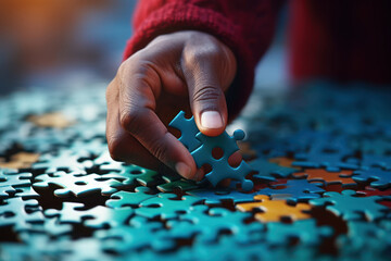 Wall Mural - A close-up of a person's hand holding a single puzzle piece, emphasizing the importance of human connection in completing life's puzzle. Concept of unity in diversity. Generative Ai.