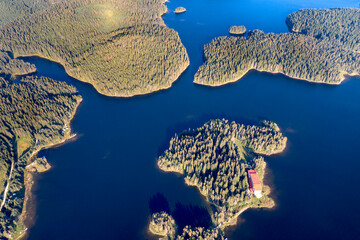 Poster - Amazing aerial view at Dam Shiroka Poliana, Bulgaria,  Beautiful blue water and green forest.