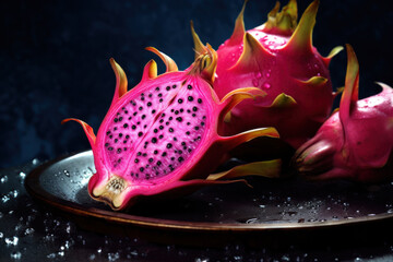 Dragon fruit on a black plate with drops of water on a dark background.