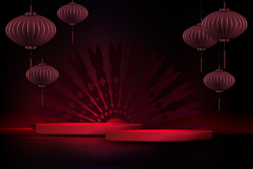 Canvas Print - Composition in a red hue with a podium and wavy intertwining lines