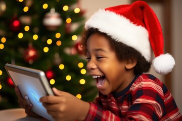 Afro-American boy  celebrate happy Christmas and New Year and enjoy gifts with the Internet and computer online