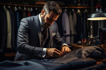 Poster - A tailor skillfully sewing a custom-made suit in a boutique. Concept of fashion craftsmanship. Generative Ai.