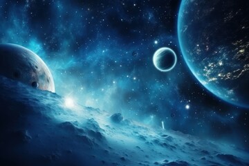 Wall Mural - cosmic sky with planets and stars in blue tones