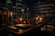 A dusty old library filled with leather-bound books and dimmed reading lamps. Concept of timeless knowledge. Generative Ai.
