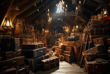 A Dusty Attic Filled With Antique Trunks And Forgotten Treasures. Concept Of Hidden Nostalgia. Generative Ai.
