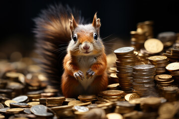 Poster - A squirrel managing its nut investments, exemplifying the importance of financial planning and savings. Generative Ai.