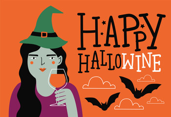 Vector illustration of witch in hat with glass of red wine and lettering phrase Happy Hallowine. Funny typography poster, party invitation print design