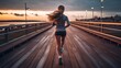 © Bird Visual - Young woman jogging on pier at sunset. Generative AI