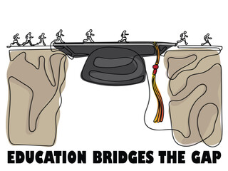 Line art of Education career opportunities concept as a group of graduating university students crossing a mortarboard or graduation cap as a bridge to opportunity and bridging the gap for success.