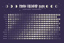 2024 Calendar. Moon Phases Foreseen From Northern Hemisphere. One-year View Calendar. EPS Vector. No Editable Text.