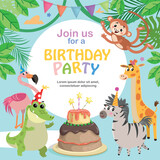 Fototapeta Dinusie - Birthday greeting  invitation card template. Cute african animals and cake. Funny Jungle party. Vector illustration.