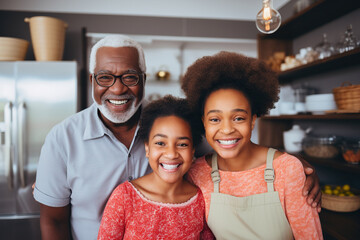 Wall Mural - happy African American grandparents and granddaughter baking in kitchen