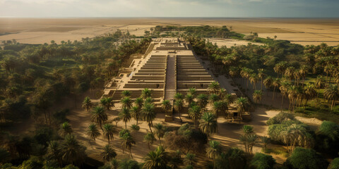 Wall Mural - Aerial view of the Step Pyramid of Djoser at Saqqara, surrounded by palm trees, vibrant green and desert contrast