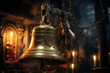 The church bell, hanging high in the bell tower, tolling to call worshipers to service. Generative Ai.