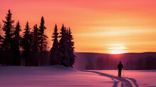Cross - Country Skier Silhouetted Against A Glowing Pink And Orange Sky, Twilight Descending, Sense Of Solitude And Tranquility