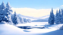 Winter Landscape With A River On A Plain, Snow-covered Trees And Mountains In The Distance In Sunny Weather, AI Generation